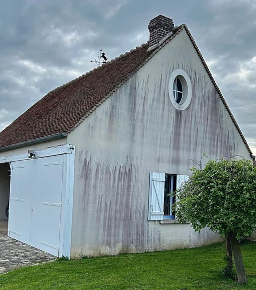 Façade encrassée par des coulures avant nettoyage et peinture, par G2O Habitat